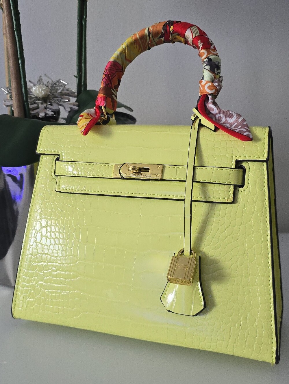 COPY Stunning quality not designer but so alike kelly bag Neon Patent Croco